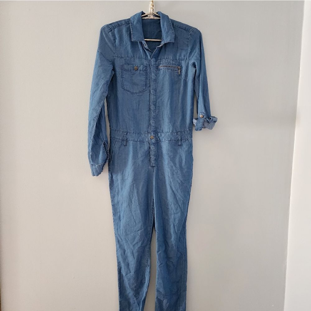 Rachel Roy Denim Jumpsuit Womens XS Blue Lightweight Chambray Drop Waist Jackson